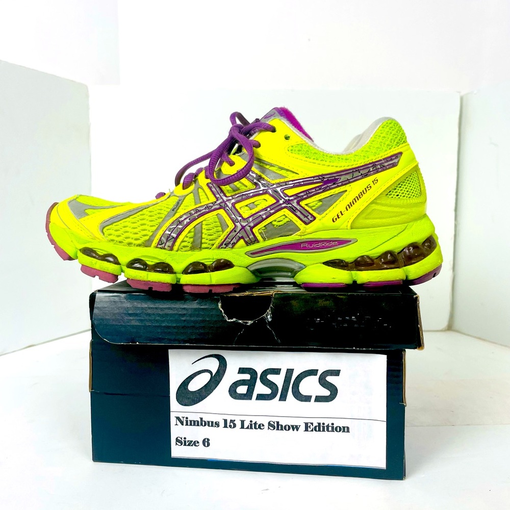 ASICS Gel-Nimbus 15 Neon Yellow Purple Women's Walking Running Shoes SZ 6 T3B9Q